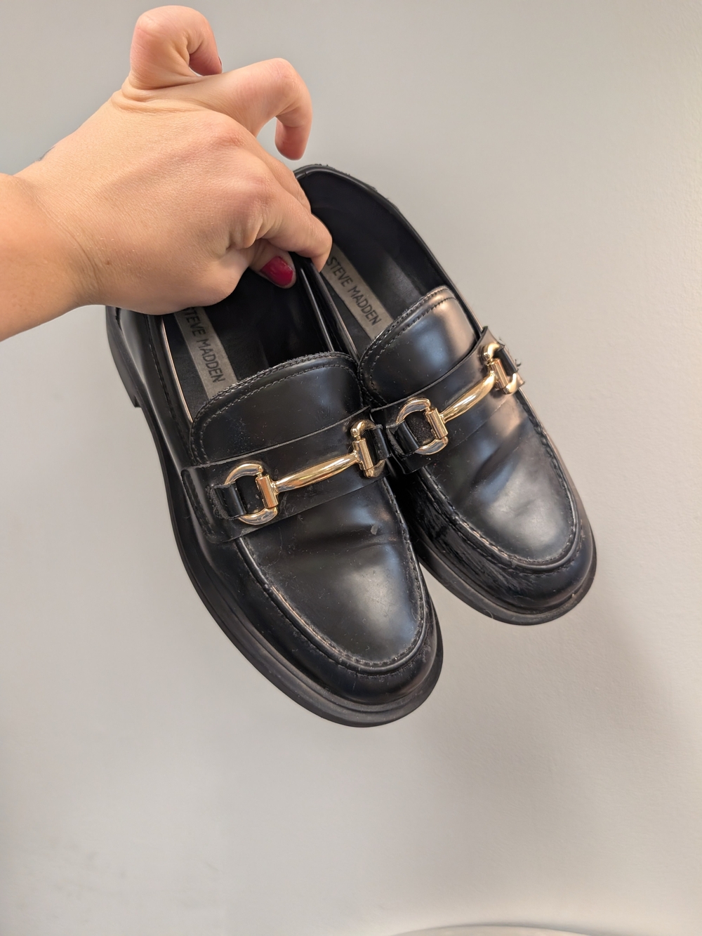 Steve Madden Black Leather Loafers with Gold Horsebit